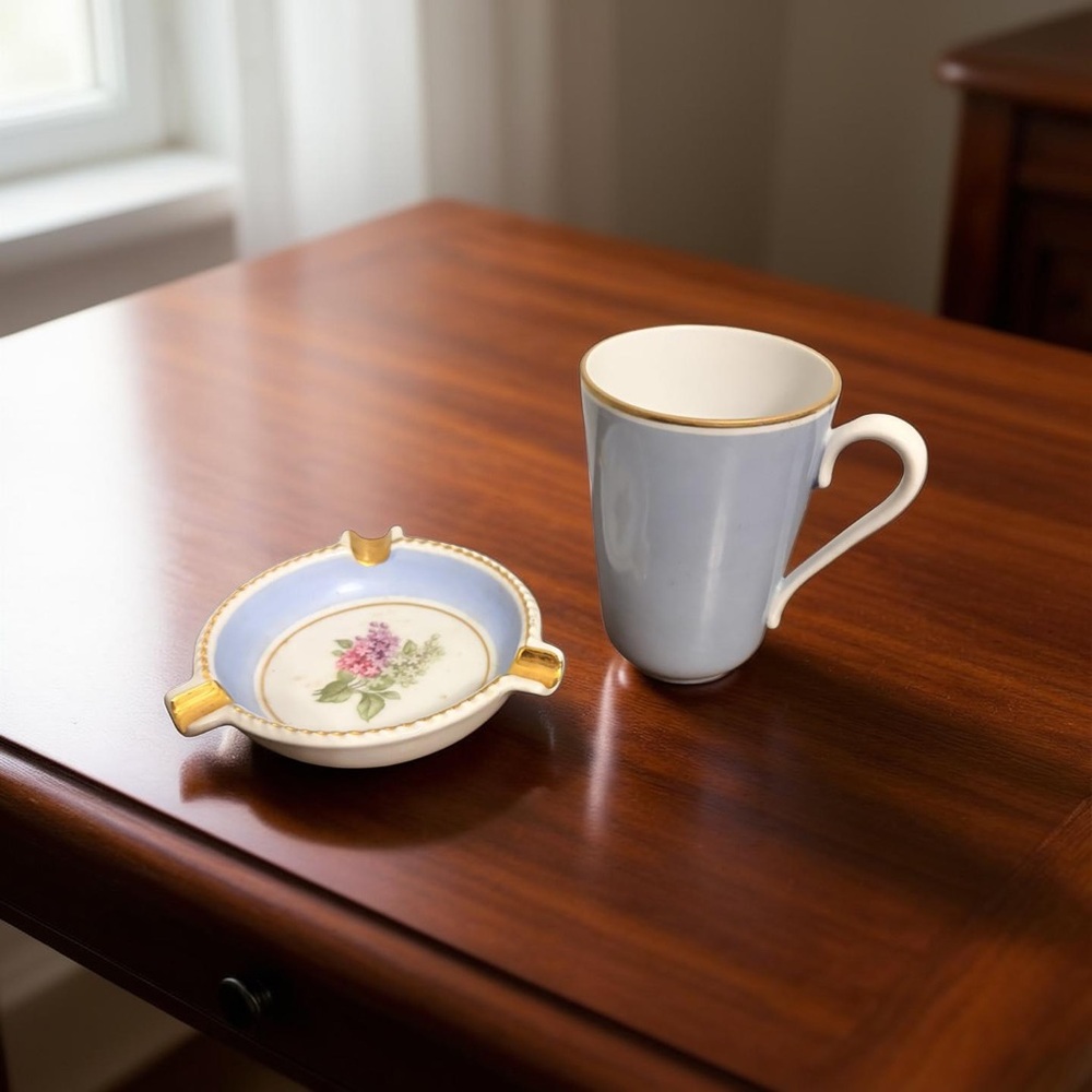 VTV Schumann Arzberg Bavaria Lilac Time Porcelain Ashtray with Gold Trim And Cup